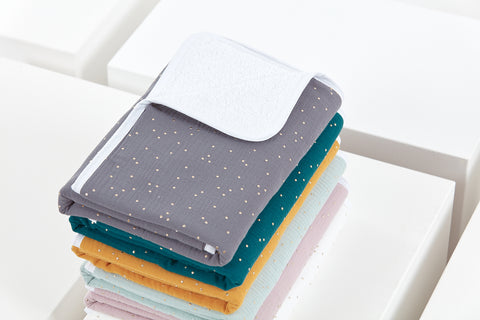Matelas à langer mousseline pois dorés sur gris