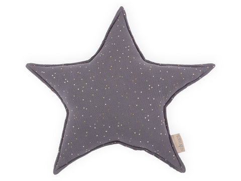 Coussin étoile mousseline pois dorés sur gris