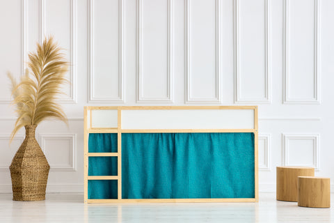 Ensemble de rideaux pour lit mezzanine 2+1 mousseline à pois dorés sur pétrole adapté au lit Kura