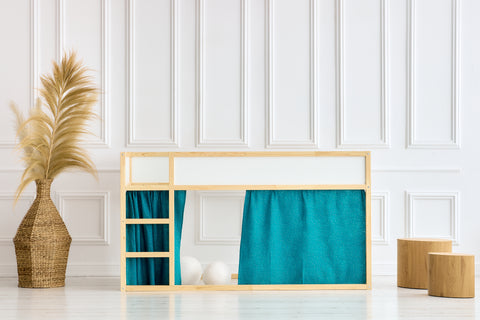 Ensemble de rideaux pour lit mezzanine 2+1 mousseline à pois dorés sur pétrole adapté au lit Kura