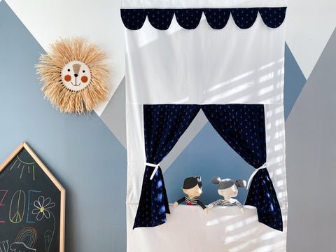 Théâtre de marionnettes Punch et Judy mousseline ancre bleu foncé avec tige télescopique