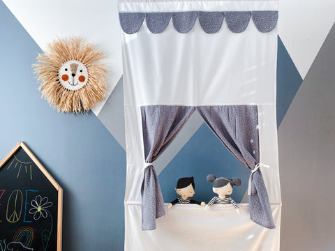 Théâtre de marionnettes Punch et Judy mousseline pois gris avec tige télescopique