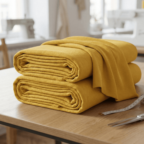 Zwei säuberlich gefaltete gelbe KraftKids Wandpaneel abgerundete Doppelkrepp-Stoffballen stapeln sich auf einem Holztisch in einem hellen Nähatelier, mit einem Maßband in der Nähe - ideal für kreative Projekte oder stilvolle Wandgestaltung.