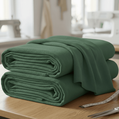 Zwei gefaltete grüne KraftKids Wandpaneel abgerundet Doppelkrepp-Stoffbolzen liegen auf einem Holztisch mit einem Maßband in der Nähe - ideal für Ihr nächstes kreatives Projekt in der Wandgestaltung oder für gepolsterte Wandpaneele.