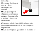 Eine Nahaufnahme zeigt den verstellbaren Fuß des KraftKids Stauraumregals WIC123-12 für Wickeltisch (für IDANÄS & HEMNES) mit einem roten Pfeil. Der mehrsprachige Text erklärt, dass er zur einfachen Nivellierung um 1,5 cm herausgeschraubt werden kann.