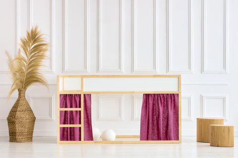 Ensemble de rideaux de lit mezzanine 2+1 en lin magenta foncé adapté au lit Kura