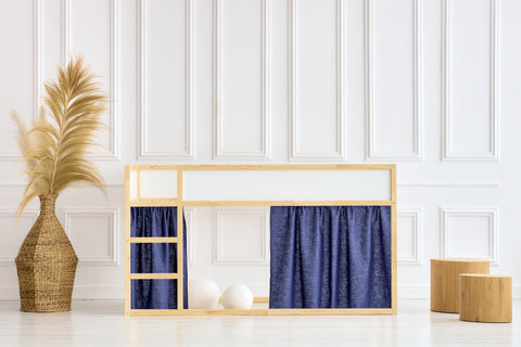 Ensemble de rideaux pour lit mezzanine 2+1 en lin bleu foncé adapté au lit Kura