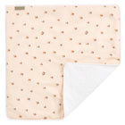 Die KraftKids Wickelunterlage Musselin Kirschen ist eine weiche, rechteckige Babydecke und wasserundurchlässige Unterlage mit einer pfirsichfarbenen Oberseite mit einem Kirschenmuster und einer strukturierten weißen Unterseite. Eine umgeschlagene Ecke zeigt beide Seiten.