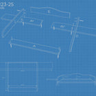 Bauplan im Blaudruck-Stil für einen Wickelaufsatz weiß passend für 160 cm breite MALM Kommode mit Blende von KraftKids, mit fünf beschrifteten Teilen (A, B1, B2, D, E), Abmessungen in Zentimetern und Ansichten von oben und von der Seite. WIC123-25 KraftKids oben links.