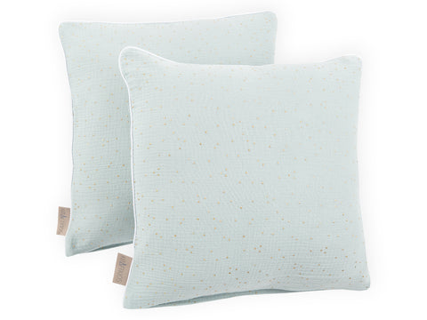 Housse de coussin mousseline pois dorés sur vert