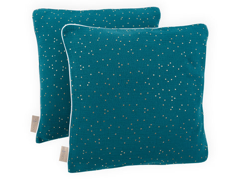 Housse de coussin mousseline pois dorés sur sarcelle