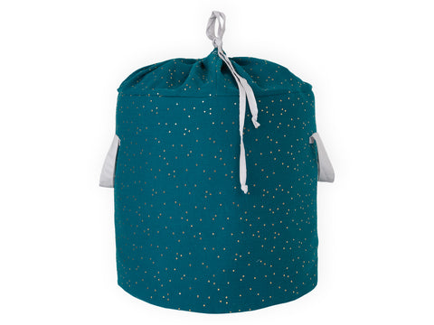 Panier à jouets mousseline pois dorés sur bleu sarcelle