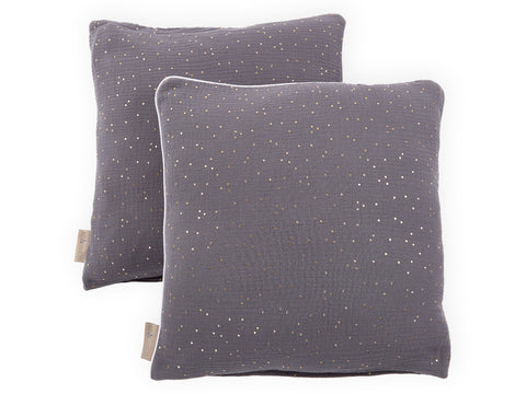 Housse de coussin mousseline pois dorés sur gris