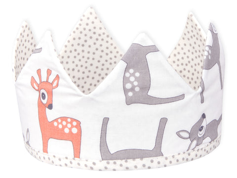 Couronne en tissu petits faons gris orange sur blanc gris pois irréguliers sur blanc