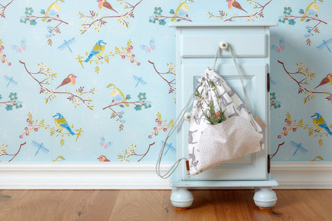 Sac cordon petits faons gris orange sur blanc