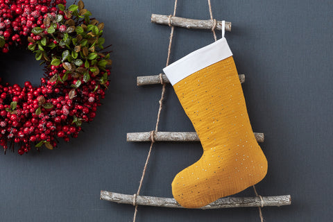 Chaussette de Noël mousseline pois dorés sur jaune