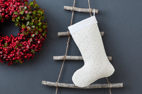 Chaussette de Noël mousseline pois dorés sur blanc