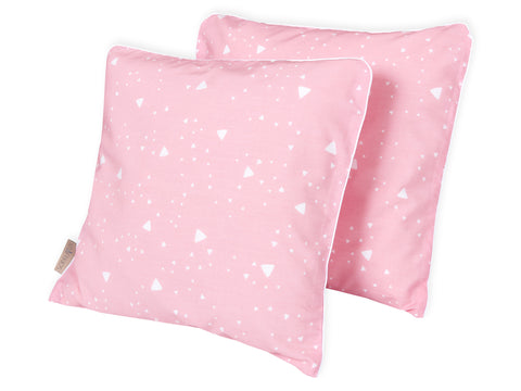 Housse de coussin triangles arrondis blanc sur rose