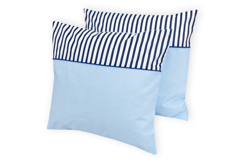 Housse de coussin pois blancs sur bleu clair rayures bleu foncé