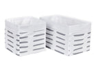 Zwei KraftKids Körbchen "graue Striche auf Weiß" aus Stoff mit gefalteten Kanten - ideal zur Aufbewahrung am Wickeltisch. Die leeren Körbe stehen nebeneinander auf weißem Hintergrund.