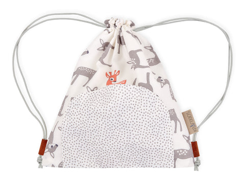 Sac cordon petits faons gris orange sur blanc